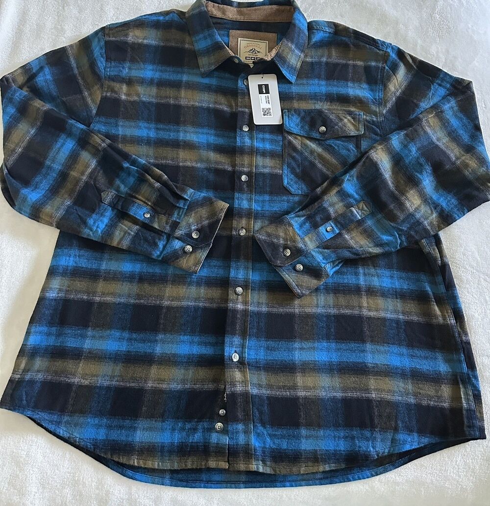 NEW CQR Mens Flannel Shirt Plaid Long Sleeve Corduroy Collar Blue Black 2XL NWT